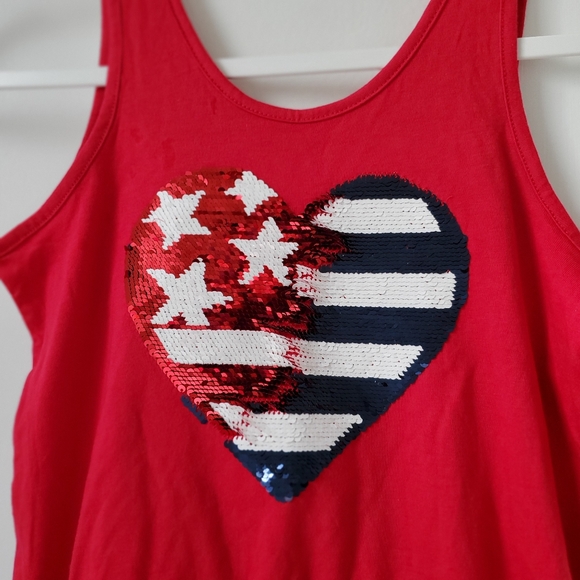 THE CHILDREN’S PLACE Red White Blue Sequined Flag Short Jumpsuit Girls 7/8 M - Picture 1 of 9